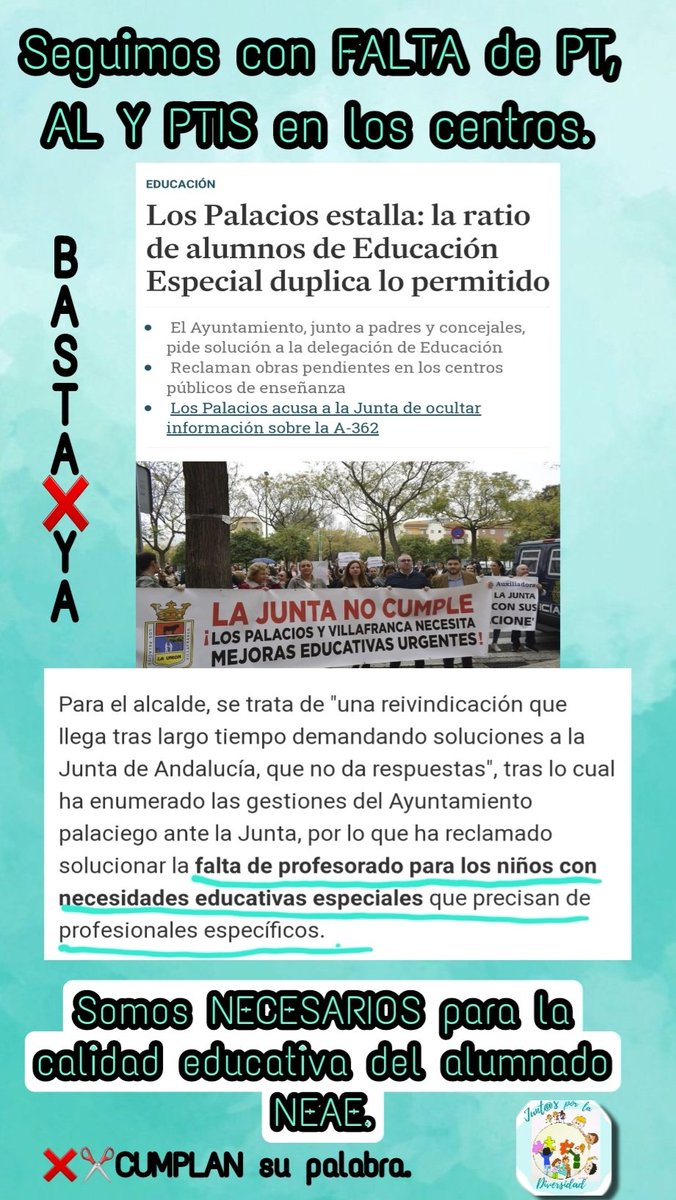 Día tras día, vemos manifiestos de QUEJA en los centros educativos. El alumnado NEAE sigue sin estar atendido ante la falta de sus recursos PERSONALES. (PT, AL, PTIS).
¿Esto es educación e inversión de calidad <a href="/Patricia_Pozo_/">Patricia del Pozo</a> <a href="/JuanMa_Moreno/">Juanma Moreno</a>?
❌✂️BASTA YA, y metan personal.