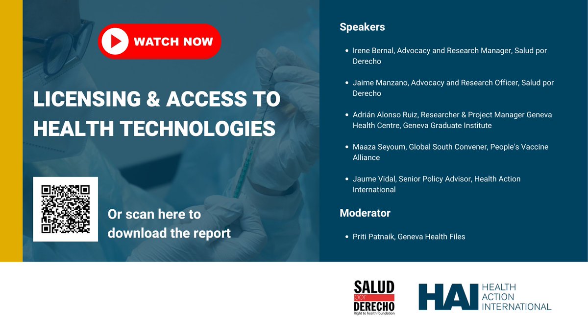 HAImedicines's tweet photo. A new report addresses barriers to non-exclusive licensing of health technologies. HAI and @Saludporderecho hosted a webinar to discuss the findings and recommendations to improve #publicreturn & #access2meds.
Report & webinar recording available now: https://t.co/TwaWaQHrbC https://t.co/9ngEgHTYPR