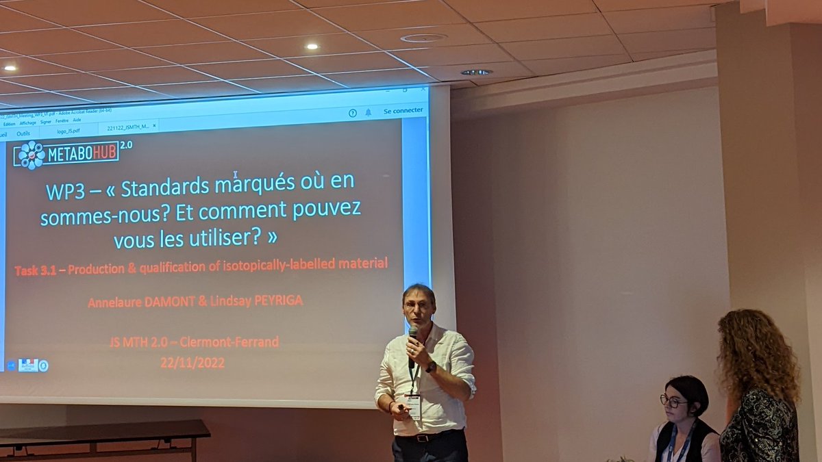 franckgiacomoni's tweet photo. #11JS_Metabohub WP3 session with @Lindsay_Peyriga Annelaure_Damont JC_Portais et al presenting @Metabohub  advances on #isotopically labeled compounds and the main goal to make #isotopic methods easy to use in labs https://t.co/nWiW1ERlNg