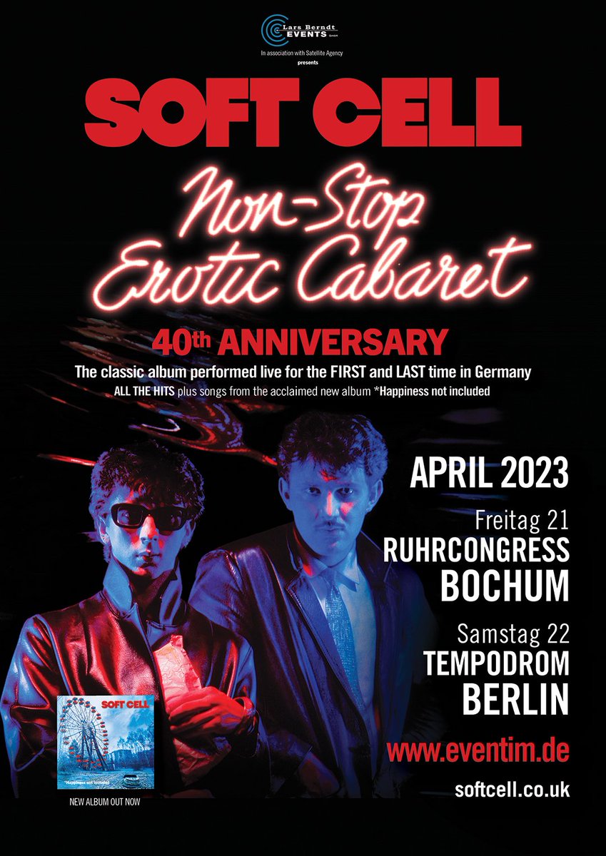 Delighted to announce that @softcellhq are coming to Germany next spring for the first time in two decades! Presale tickets for both 'Non-Stop Erotic Cabaret' anniversary shows are now available at eventim.de/artist/soft-ce…