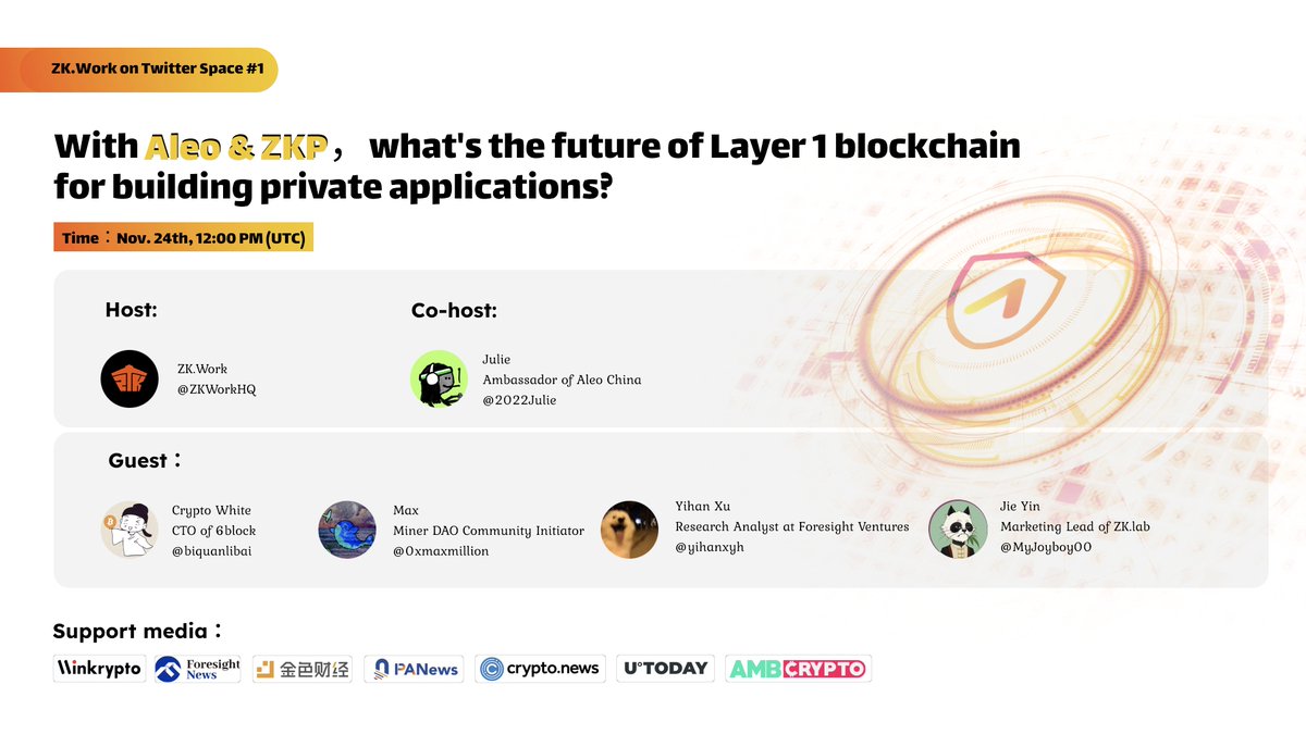 ZKWorkHQ's tweet photo. ☀️https://t.co/twmqsJGRtJ on Twitter Space #1 (In Chinese) 

👉With #Aleo &amp; #ZKP, what's the future of #Layer1 blockchain for building private applications? Nov. 

⏰Nov. 24th, 12:00 PM (UTC) 

Space link: https://t.co/anxruxHUBu

#AMA #Thanksgiving2022 #ironfish #Web3 https://t.co/InxW7njjaw