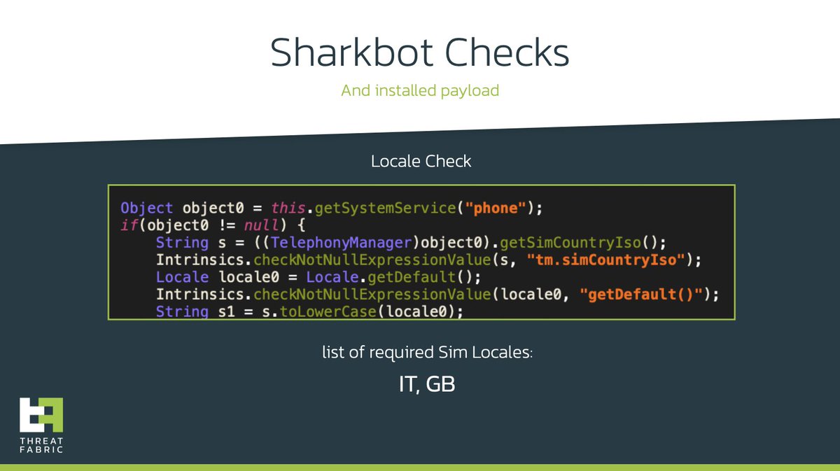 ThreatFabric's tweet photo. The payloads are respectively #SharkBot v2.37 and #Octo/#ExobotCompact banking malware.
In the case of #SharkBot, the installation is triggered only when the victim’s device has a SIM card from either IT or GB. ThreatFabric has reported both applications to @Google https://t.co/Rqqu4WHtpz