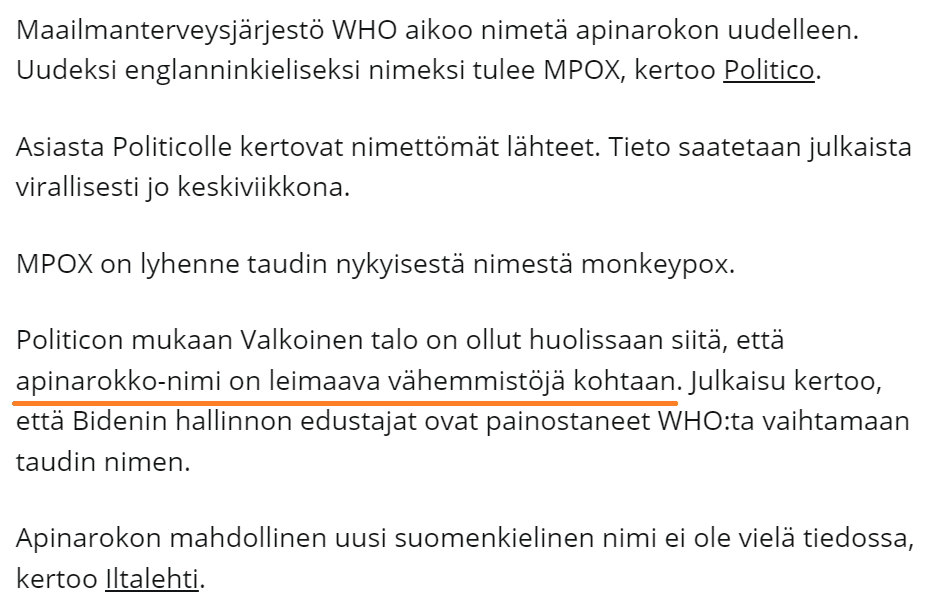 JP_Latti's tweet photo. "Politicon mukaan Valkoinen talo on ollut huolissaan siitä, että apinarokko-nimi on leimaava vähemmistöjä kohtaan. "

Mitä. *******. Mä. Just. Luin.

Taudin alkuperä on apinoissa, mutta sitä ei siis saisi kutsua apinarokoksi. On tämä kyllä uskomatonta touhua.

#Pellemaailma https://t.co/uYbc5WwU7o