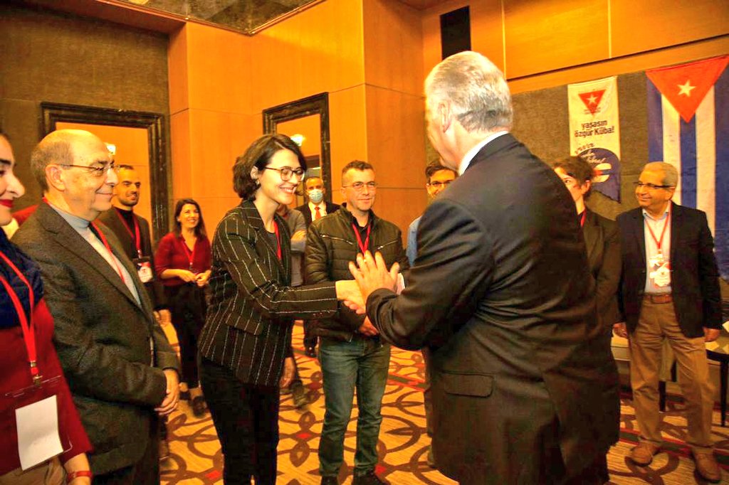 DiazCanelB's tweet photo. Fraternal encuentro esta mañana con amigos en #Türkiye del movimiento de solidaridad con #Cuba, con quienes compartí sobre las heroicidades cotidianas del pueblo cubano frente al bloqueo recrudecido. Agradecí las múltiples iniciativas en rechazo a esa política inhumana y criminal https://t.co/EbC8nWBbpo