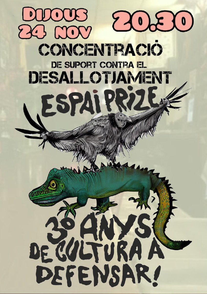 👉 El Prize és una institució al barri. Sant Antoni no entendria la vida associativa i cultural sense el Prize.

🔴 Un fons voltor vol desnonar-lo i dijous toca donar-li tot el suport possible.

🗓 Dijous 24 de novembre 
⏰ 20.30h
📍 Prize. Floridablanca, 130

#ElPrizeesqueda✊