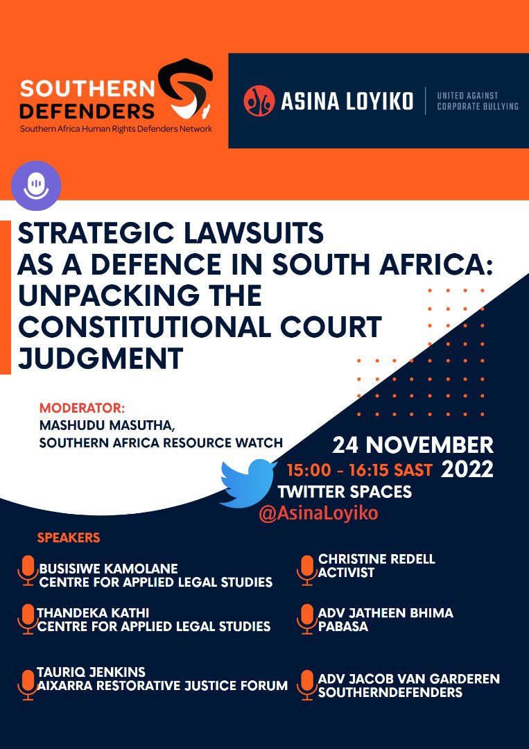 Join <a href="/SAHRDNetwork/">SouthernDefenders</a> and <a href="/AsinaLoyiko/">Asina Loyiko</a> tomorrow afternoon for a Twitter Space unpacking last week's Constitutional Court judgment on #SLAPP suits
🎙️🎙️🎙️ Featuring our own <a href="/ThandekaKathi/">Thandeka  Kathi</a>, <a href="/kay_kelo/">Busi K</a> and <a href="/jats_b/">Jatheen B</a>