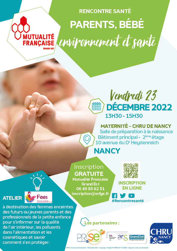 MFGrandEst's tweet photo. 🌱 23.12.22 à la maternité du #CHUNancy : atelier #ParentsBébéEnvironnementEtSanté dans le cadre du dispositif #FEES | Thèmes abordés : #AirIntérieur #Polluants #Cosmétiques #Alimentation
✅ Inscriptions : https://t.co/f82jpQMdO2
Organisé avec @regiongrandest @ars_grand_est https://t.co/1WAwoyLSzu