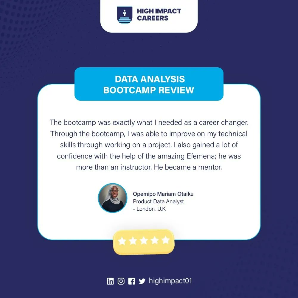 HighImpact01's tweet photo. Congratulations Opemipo Mariam Otaiku, HIC Data Analysis Bootcamp alumnus. We are glad to receive this amazing feedback, and we trust you are doing great on the job. To enrol for our next Bootcamp, click:  https://t.co/ykNwIdKbo5 #HighImpactCareers #TechCareers #Bootcamp https://t.co/MNqnttuiJW