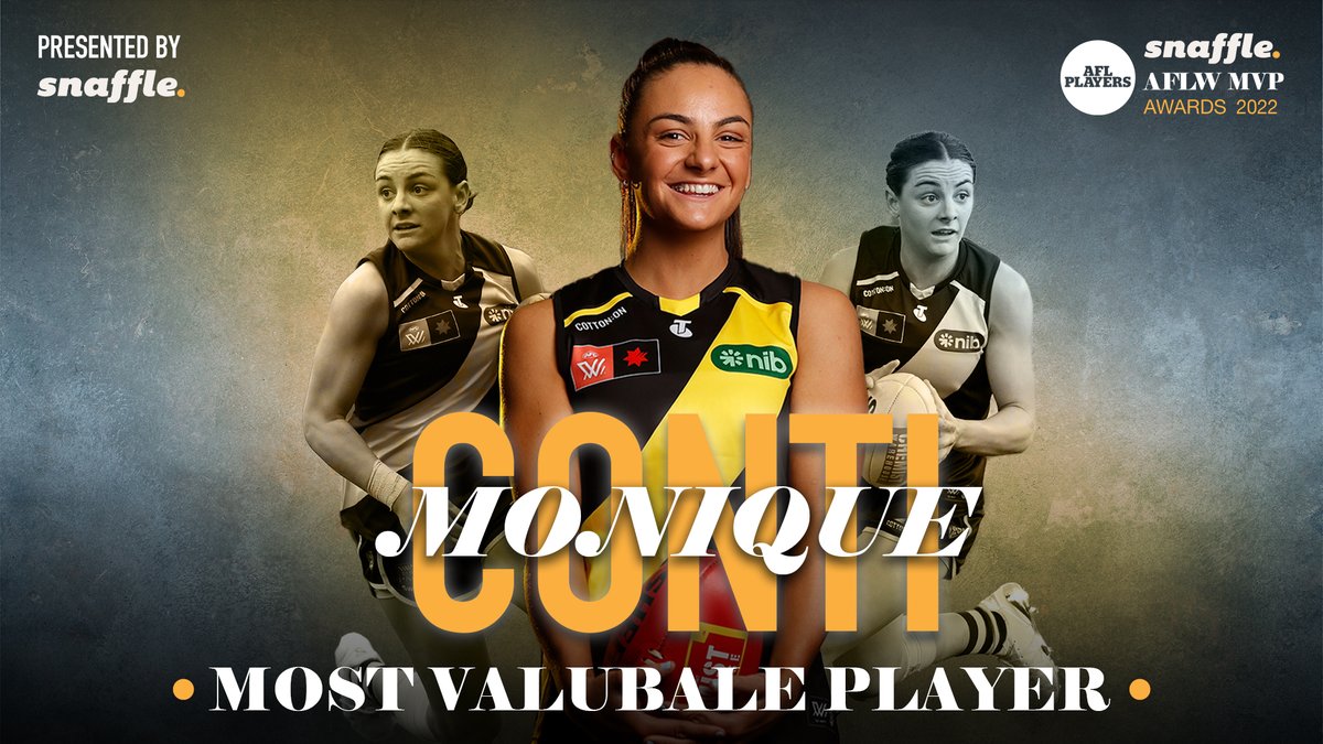All-Conquering Conti ⚡⚡⚡

At just 22 years of age, <a href="/RichmondWomens/">RichmondW 🐯</a> star midfielder Monique Conti stamped herself as the AFLW competition's best player in Season 7, winning plaudits from her peers to take home her maiden AFLW MVP Award, proudly presented by #Snaffle