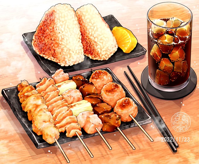 379 焼き鳥と焼きおにぎり #イラスト #illustration 