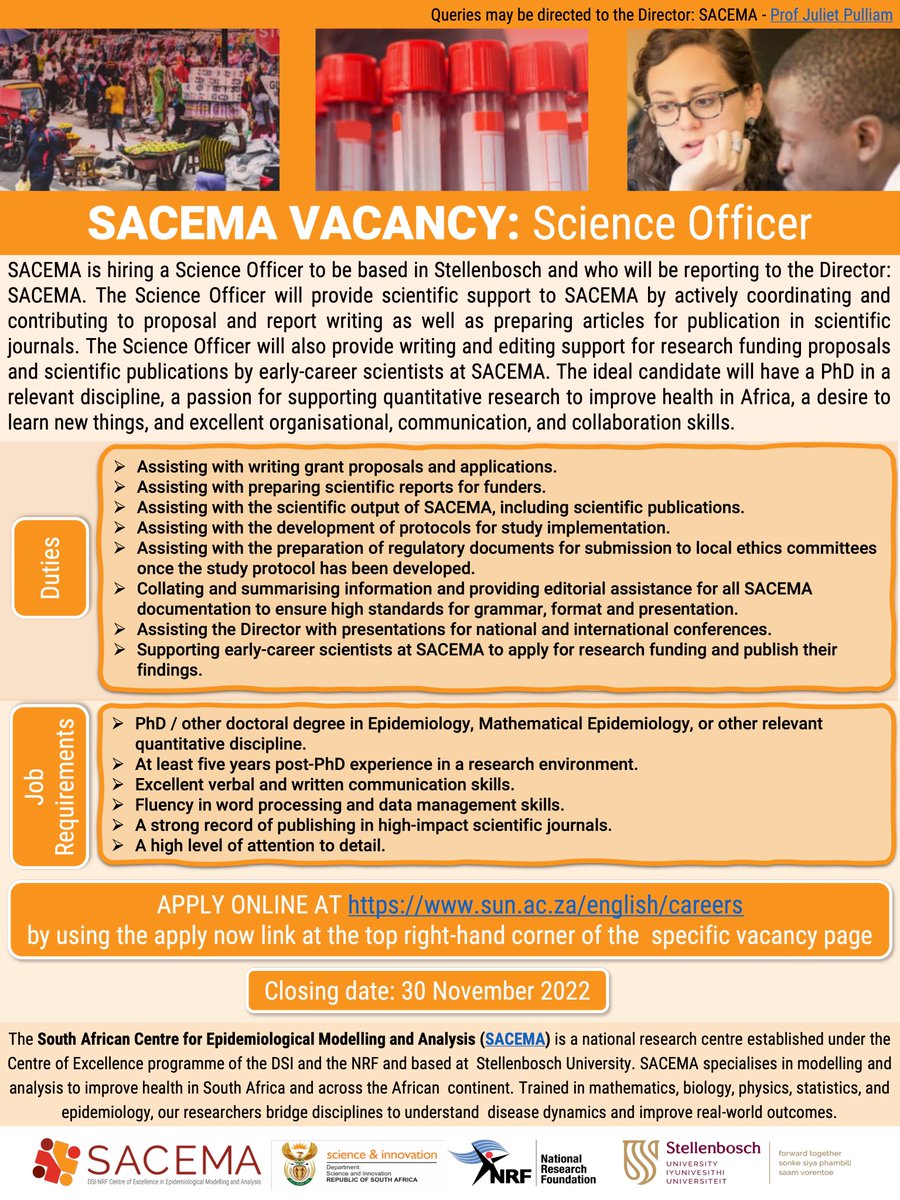 We have re-opened this opportunity, new deadline is 30 November

#SACEMA is looking for a Science Officer to provide scientific support, including writing and editing support for funding proposals and scientific publications by early-career researchers.

sun-e-hr.sun.ac.za/OA_HTML/OA.jsp…..