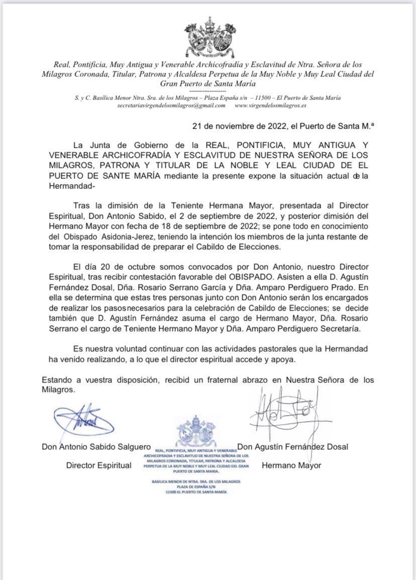 _losmilagros's tweet photo. COMUNICADO DE LA JUNTA DE GOBIERNO DE LA ARCHICOFRADÍA Y ESCLAVITUD SOBRE LA SITUACIÓN ACTUAL DE LA MISMA. https://t.co/4CpUlKeZYd