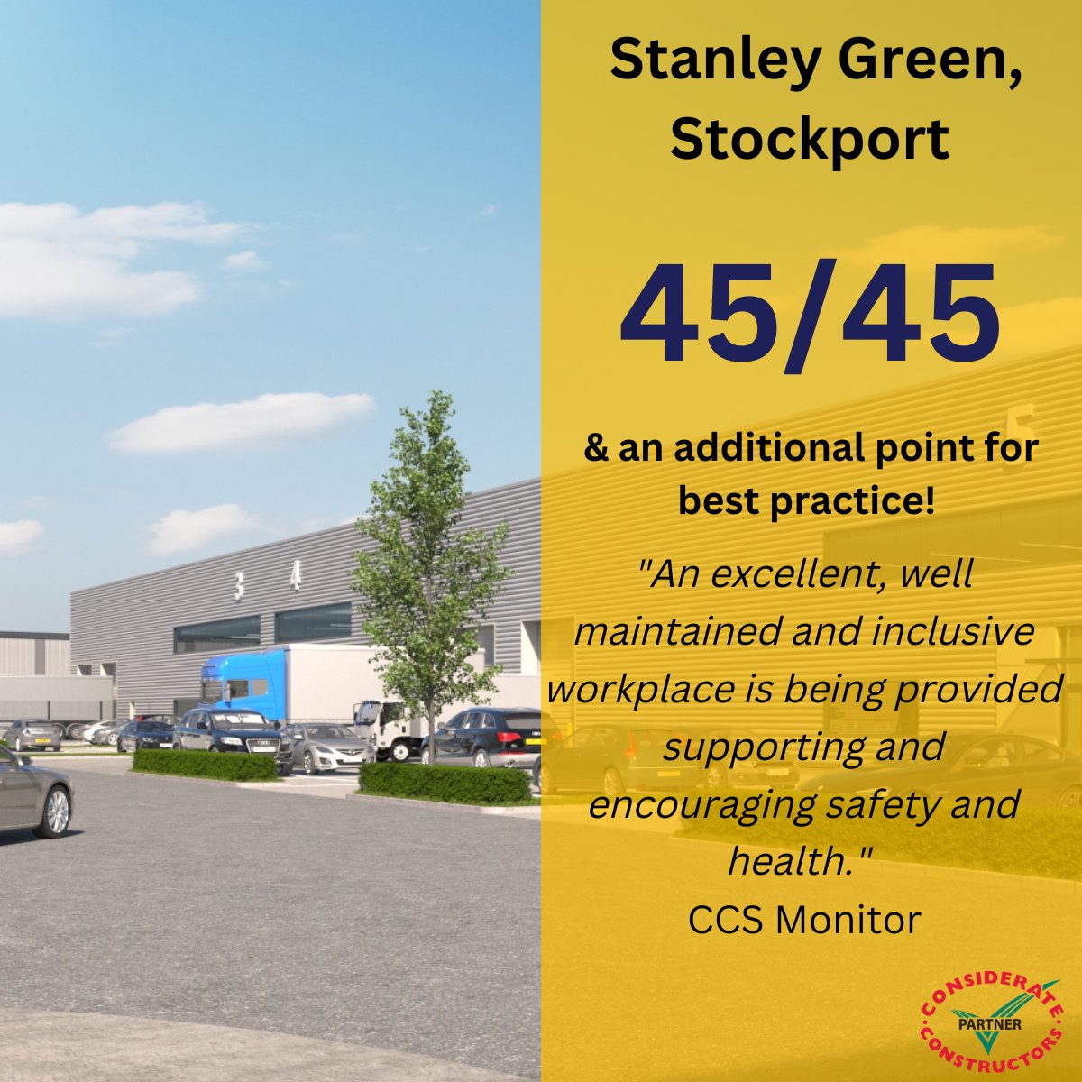 Well done to our site team on Stanley Green in Stockport for a fantastic score of 45/45 on their <a href="/CCScheme/">Considerate Constructors Scheme</a> visit and for achieving an additional mark for best practice increasing their score to 46!👏.

#loveconstruction