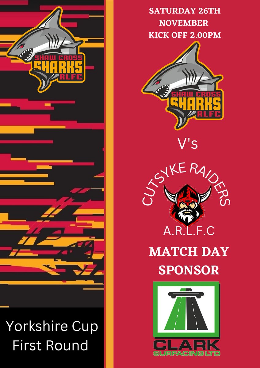 Shaw Cross Open Age ๐ฆ (@sharksoa) on Twitter photo This Saturday, the Open Age side are back in action when they entertain <a href="/CutsykeRaiders/">Cutsyke Raiders</a> at home in the Yorkshire Cup, 2pm KO.
Big thanks to our match sponsor Clark Surfacing LTD.
Get down and support the boys!
Go well lad's ๐๐ป
#UTS ๐ฆ This Saturday, the Open Age side are back in action when they entertain <a href="/CutsykeRaiders/">Cutsyke Raiders</a> at home in the Yorkshire Cup, 2pm KO.
Big thanks to our match sponsor Clark Surfacing LTD.
Get down and support the boys!
Go well lad's ๐๐ป
#UTS ๐ฆ