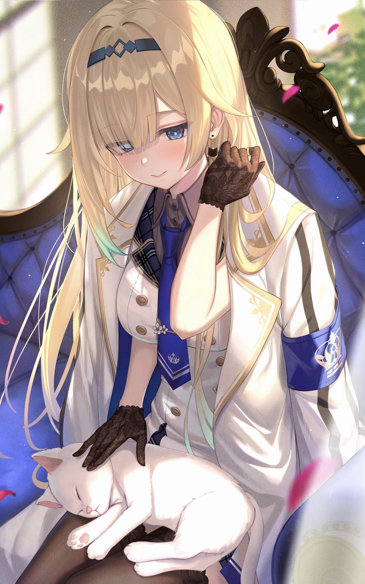 1girl blonde hair cat gloves blue eyes sitting necktie  illustration images