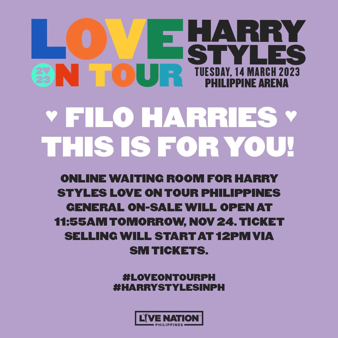 livenationph's tweet photo. Spinning out waiting for ya 🛰️��️🧡💛💚💙

Filo Harries, check this out! 👀

ONLINE WAITING ROOM OPENS AT 11:55 am.
TICKET SELLING STARTS 12 PM via SM TICKETS.

#LoveOnTourPH
#HarryStylesinPH https://t.co/h3anVXLdF2