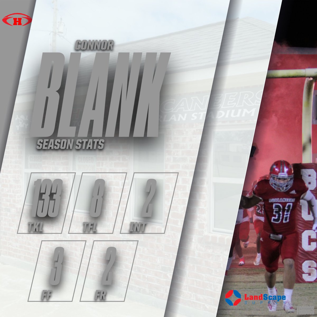 HBucs_football's tweet photo. Connor Blank did it all in his senior season for the Bucs. He led the defense with 133 total tackles, 8 tackles for loss, 3 forced fumbles, 2 fumble recoveries, and 2 interceptions. https://t.co/3avIhjLhuY