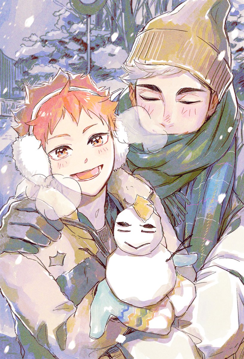 multiple boys 2boys male focus snowman scarf earmuffs snow  illustration images