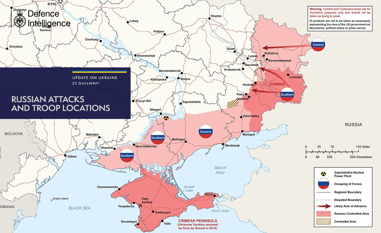 Russian attacks and troop locations map (23/11/2022)