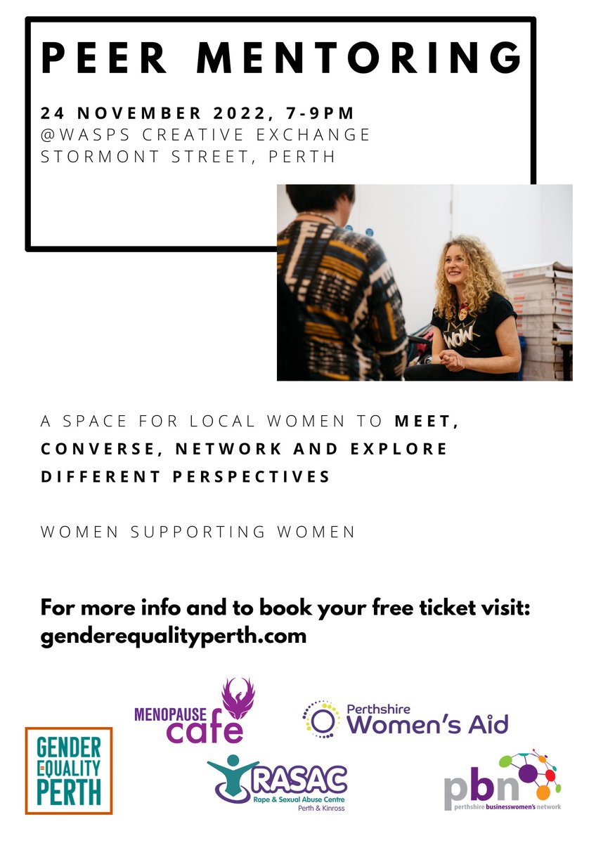 Looking forward to our #PeerMentoring event tomorrow (Thurs) in partnership with Perthshire Businesswomen's Network, @menopause_cafe, @PKAVScharity, @PerthWomensAid, @rasacpk 

Not too late to RSVP! 

 genderequalityperth.com/event-details/…