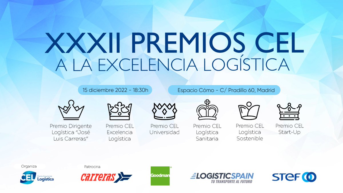 #PremiosCEL 🏆 |  Reserva el jueves 15 de diciembre para asistir a una gala en la que premiamos el talento... ¡XXXII Premios CEL a la Excelencia Logística! ¿Dónde? En los espacios Cómo, a partir de las 18.30 horas. 🔵Amplía información en nuestra web. cel-logistica.org
