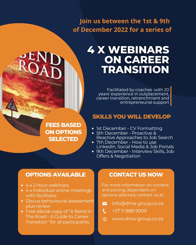 dmapeople's tweet photo. If you would like to develop your career transition skills or are looking for a cost-effective solution to support employees affected by retrenchment, contact us now to find out more about this series of webinars we will be facilitating from 1st to 9th of December. https://t.co/E2yd2cWJfL
