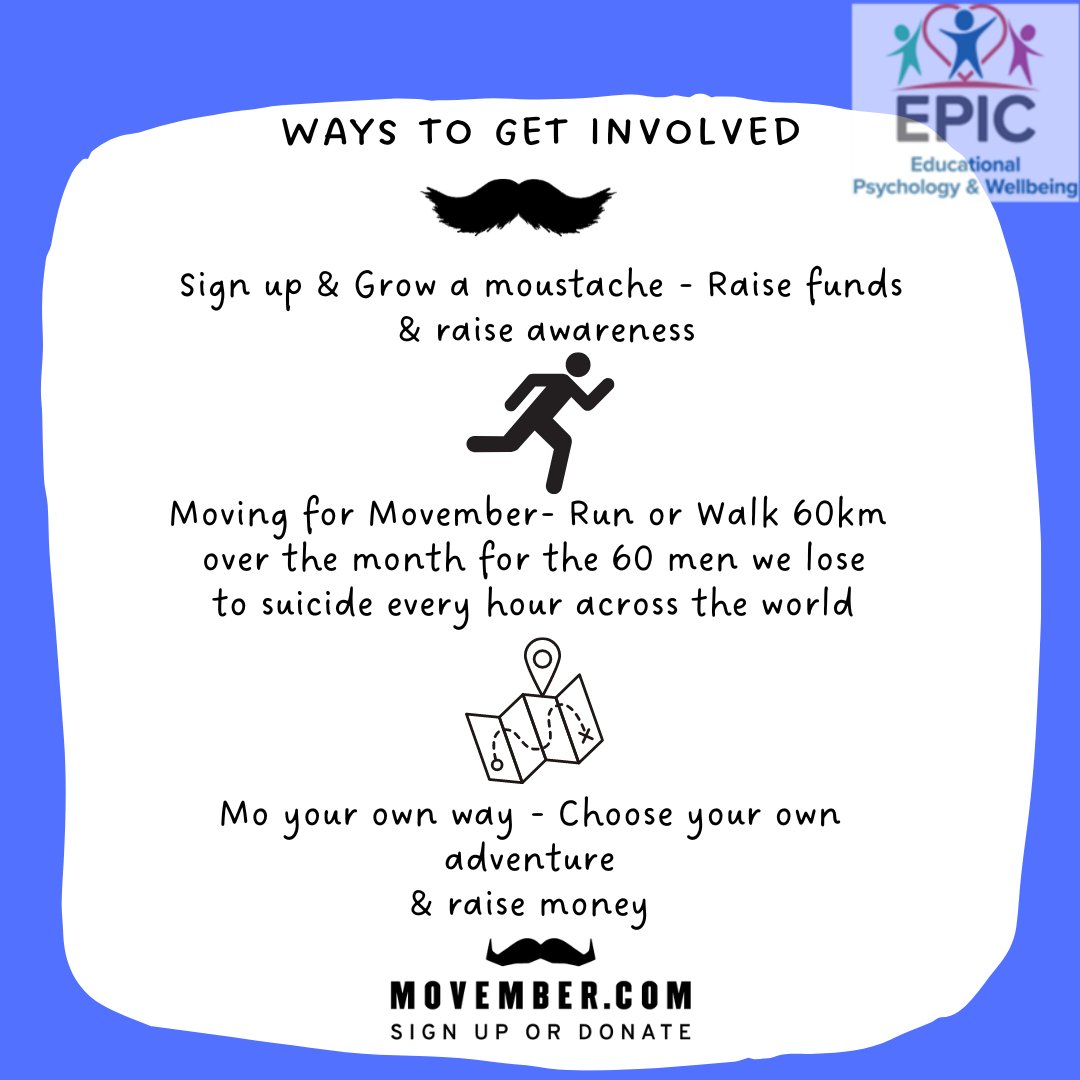 EPIC_Wellbeing's tweet image. This month is Movember 🙇
Movember is an annual event that takes place (yes, you guessed it!) in November, to raise awareness on issues that affect men, such as prostate cancer, testicular cancer, and men's suicide.

#movember2022 #moyourownway #movember #EPICwellbeing