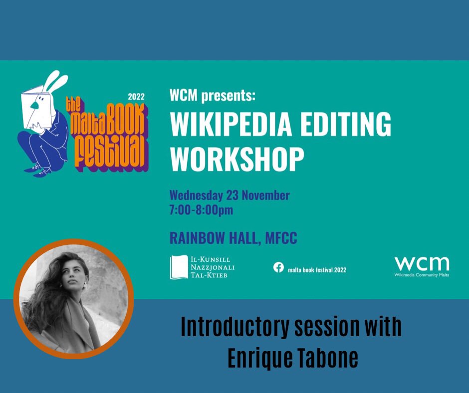 wikimalta's tweet photo. Join us Today for the first event during The Malta Book Festival  for an Introductory session with @enriquetabone She will focus on how you can contribute and improve articles, especially for @artandfeminism She will also talk about @Wikidata tools she uses for her research https://t.co/dJACdcEOgN