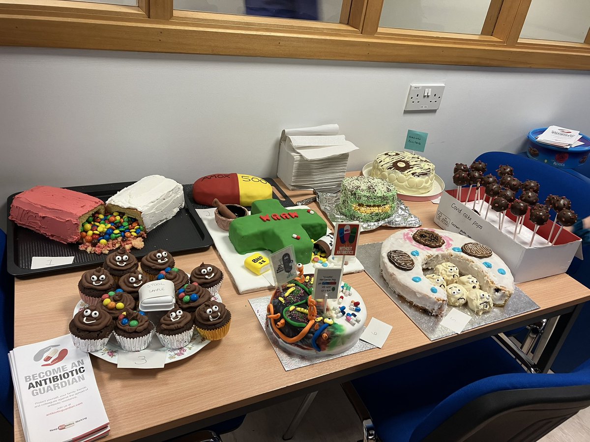 vjmacg's tweet photo. World antibiotic awareness week bake off! Pharmacy team at ARI have done a great job. My agar plate is hiding at the back #WorldAntimicrobialAwarenessWeek #bakeoff #antibioticawareness @RPSScotland @NHSGrampian https://t.co/W1gpGnNJtv