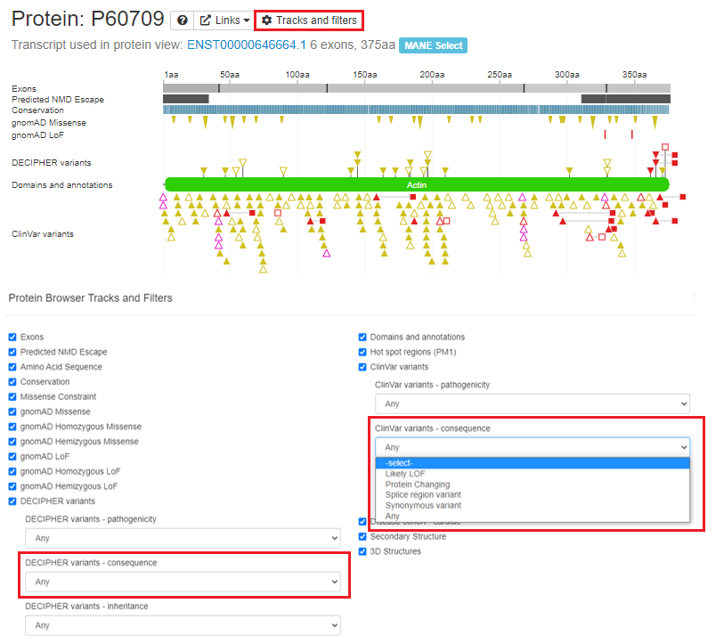 deciphergenomic's tweet photo. The protein browser “Settings” menu has been renamed to “Tracks and filters” to increase findability. Consequence filters are now available for DECIPHER and ClinVar variants, allowing variants with only a defined predicted molecular consequence to be displayed @ClinGenResource https://t.co/7MSQRbCgsi