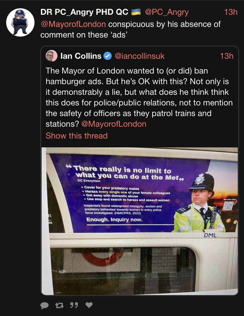 AVintenAuthor's tweet photo. Oh and he really hates this add - well done again @WEP_UK 🤣👏🏻👏🏻- the only officers that don’t want a statutory inquiry into misogyny in the @metpoliceuk are those who are worried they’ll be caught. #badapple #MetMisogyny #MetMisconduct https://t.co/7JuPKyxoGk