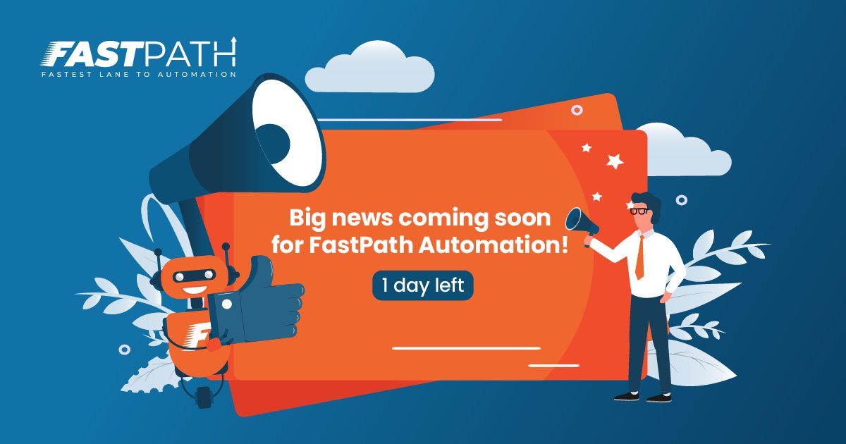 FastpathA's tweet photo. Tomorrow's a big day for FastPath Automation, so stay tuned👀📢
Find out more at 👉https://t.co/aeHomRUIuj
#RPA #SoftwareRobots #Automation https://t.co/2LtlIRT3XI