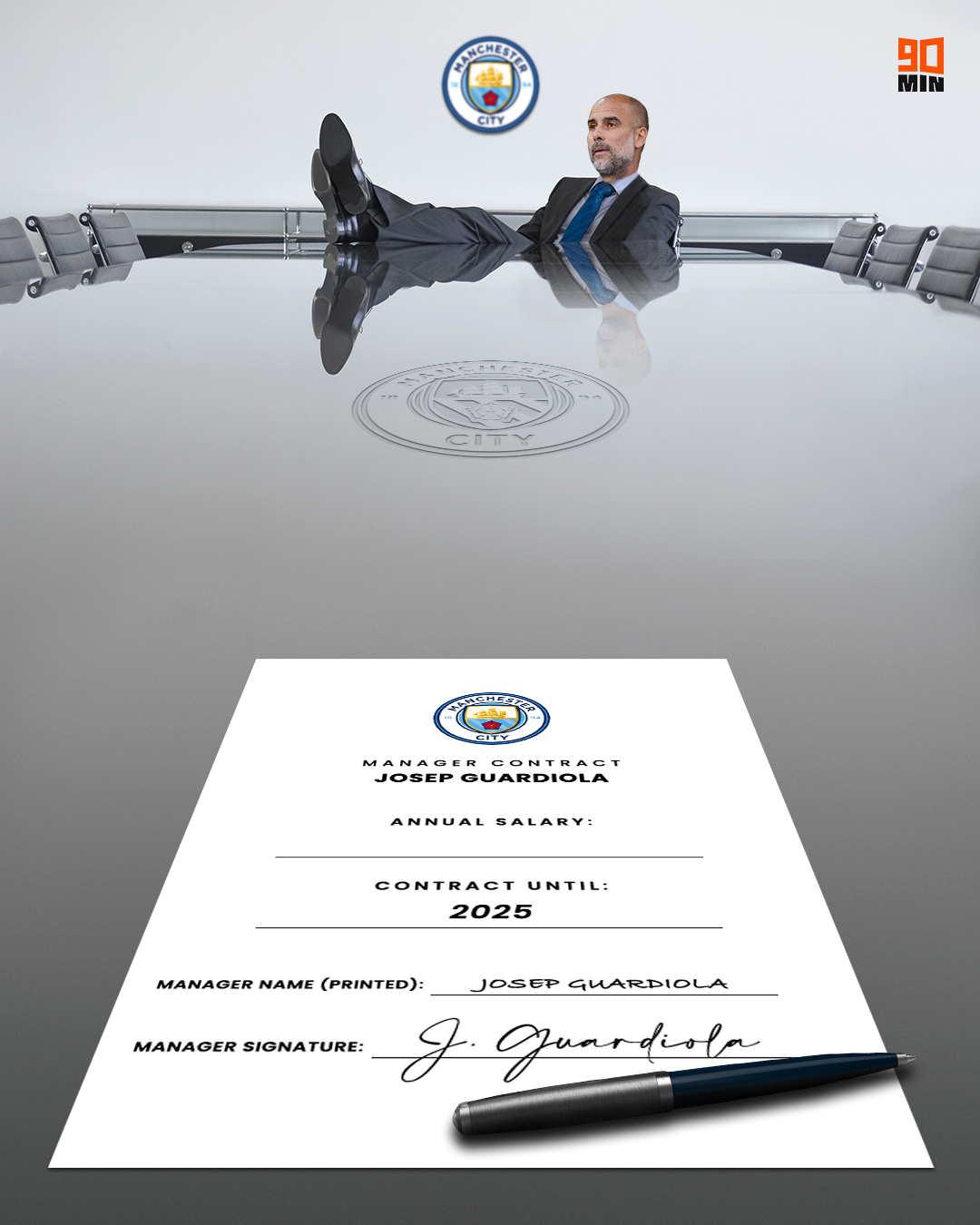 90min on Twitter: "📋✍️ Done deal. Pep Guardiola has signed an extension to  his contract at Manchester City until 2025... A few more chances to win the  Champions League. 😉 https://t.co/oHOQaAvkkA" /