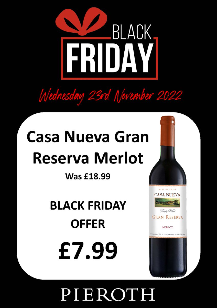 BLACK FRIDAY EVENT! 
Today's better-than-half-price wine is a Chilean Gran Reserva Merlot.
Was £18.99 
NOW £7.99!!!
Email us now at sales@pierothwine.co.uk or DM us for more information on this fantastic BLACK FRIDAY DEAL! 🍷
