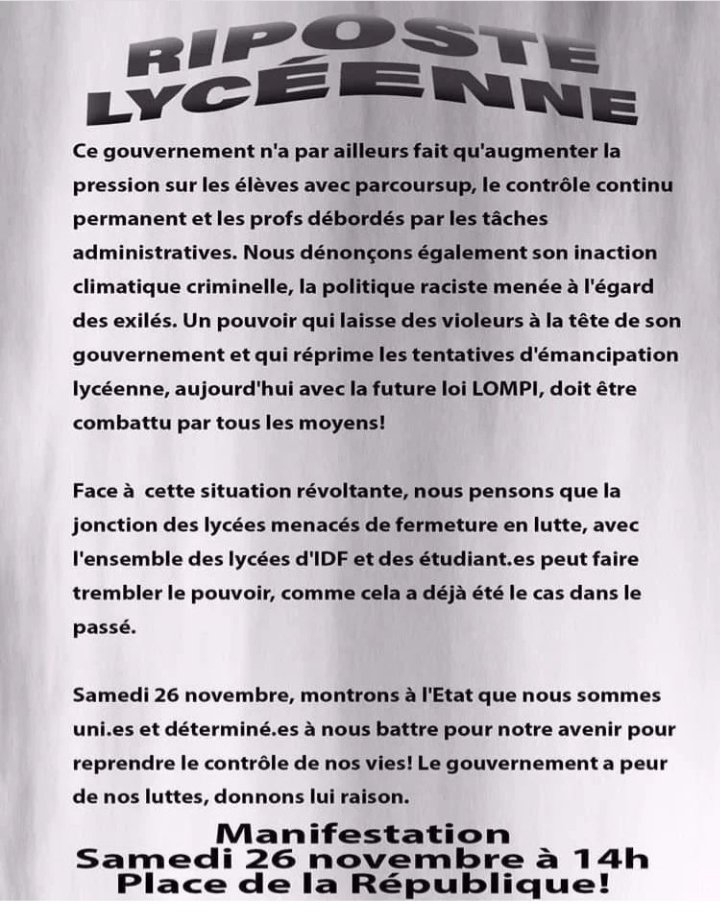 ParentsBrassai's tweet photo. Samedi 26 nov à 14h à République, les lycéens et lycéennes de tous les lycées parisiens seront dans la rue 
#lyceenssolidaires
#NonAuxFermeturesdeLycees #SauvonsLeLyceePro 
#LyceeProEnColere 
#NonALaDestructionDuLP
#Paris
Source : https://t.co/jyhGfF8biK https://t.co/AYZKBtShfa