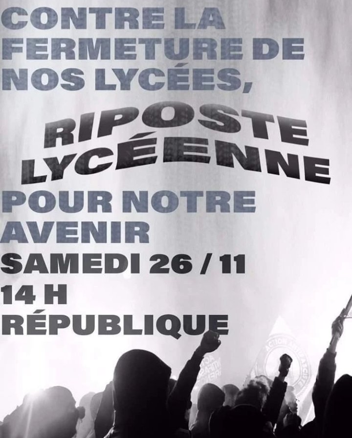 ParentsBrassai's tweet photo. Samedi 26 nov à 14h à République, les lycéens et lycéennes de tous les lycées parisiens seront dans la rue 
#lyceenssolidaires
#NonAuxFermeturesdeLycees #SauvonsLeLyceePro 
#LyceeProEnColere 
#NonALaDestructionDuLP
#Paris
Source : https://t.co/jyhGfF8biK https://t.co/AYZKBtShfa