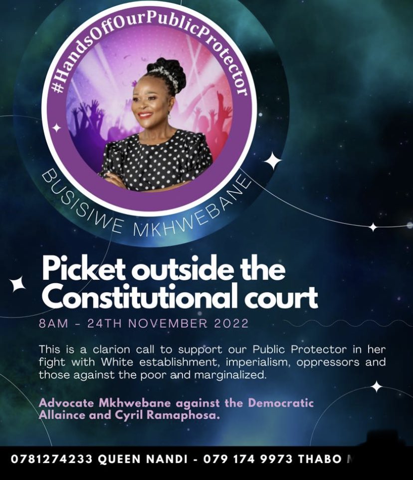 democracyZA's tweet photo. Tomorrow, 24 Nov 22 we have a date @ConCourtSA where @Our_DA and @PresidencyZA @CyrilRamaphosa are appealing the unlawful and unconstitutional suspension of @PublicProtector @AdvBMkhwebane #HandsOffPublicProtector @HandsOffPP #PhalaPhalaFarm #FIFAWorldCup https://t.co/QmKWCUTXxL
