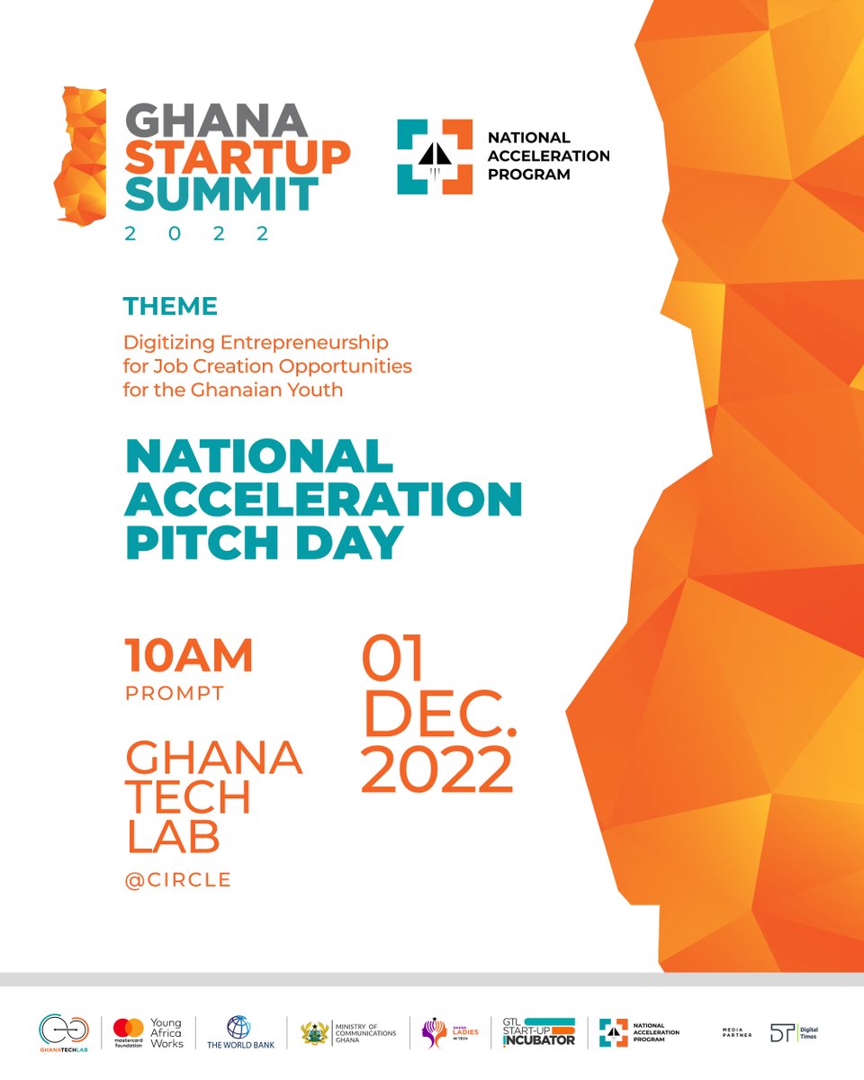 Let’s meet at Ghana Tech Lab on the 1st of December, 2022, for the National Acceleration Pitch Day as Startups in this field pitch their business ideas to a pool of audience made up of entrepreneurs, industry experts, investors, and the general public. 

#GhanaStartupSummit