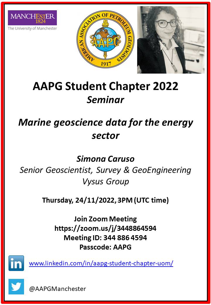 AAPGManchester's tweet photo. Hey! TOMORROW ONLINE @3pm we will be kicking off our first AAPG presentation of the year with guest speaker Simona Caruso. This is a great opportunity to hear about some interesting research and to gain insight into working in the energy sector!
@AAPGManchester
@man_basins https://t.co/F9GJHrhUg6
