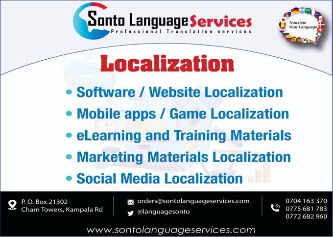 BrandingUganda (@ugandabranding) on Twitter photo #SontoLanguages Under Localization we have software/website localization, mobile apps/game localization, elearning and training materials, marketing materials localization ,social media localization <a href="/MercyAhimbisib2/">Mercy Ahimbisibwe</a> <a href="/2008gomu/">Musinguzi Goodluck R #KigeziNews #Mohdelivers</a> <a href="/mbabazi_daniela/">Daniela Mbabazi</a> #SontoLanguages Under Localization we have software/website localization, mobile apps/game localization, elearning and training materials, marketing materials localization ,social media localization <a href="/MercyAhimbisib2/">Mercy Ahimbisibwe</a> <a href="/2008gomu/">Musinguzi Goodluck R #KigeziNews #Mohdelivers</a> <a href="/mbabazi_daniela/">Daniela Mbabazi</a>