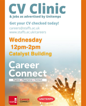 Career Connect (@careersatstaffs) on Twitter photo Drop in to our CV Clinic in the Catalyst, 12pm-2pm.
Talk with members of the career connect team to tailor your CV to boost your employability.
#GetCareerConnected
careers@staffs.ac.uk Drop in to our CV Clinic in the Catalyst, 12pm-2pm.
Talk with members of the career connect team to tailor your CV to boost your employability.
#GetCareerConnected
careers@staffs.ac.uk