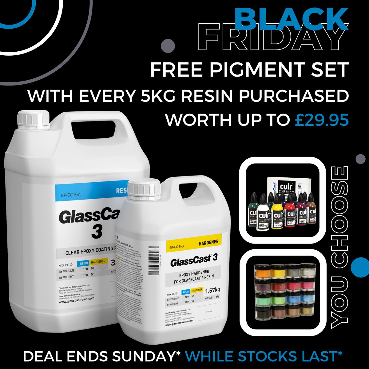 glasscastresin's tweet photo. ⚫️ Our Black Friday Deals are LIVE now! ⚫️
Purchase a 5kg kit of #GlassCast 3, 10, 50 or 50 PLUS and receive your choice of SHIMR or CULR Pigment set absolutely FREE - worth up to £29.95! https://t.co/C1vyMA6FF1
#epoxyresin #BlackFridayDeals https://t.co/ZTY7PSNuEA