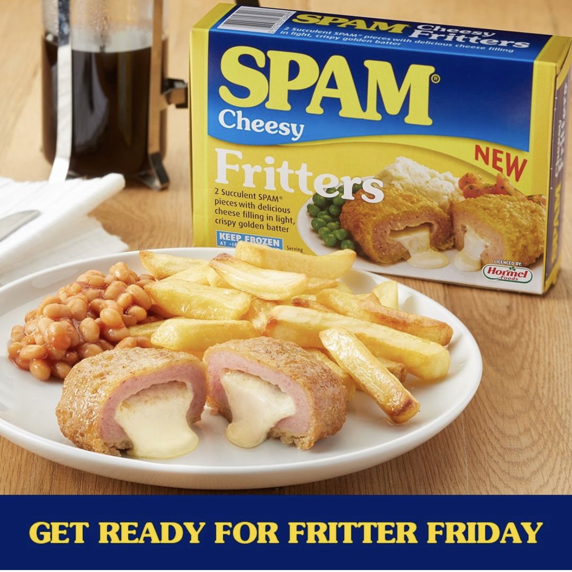 OfficialSPAMUK's tweet photo. Get ready for #competitiontime again! To celebrate the launch of SPAM®️ Cheesy Fritters, from this Friday you have the chance to #win 1 of 5 meals for 4 people to cook at home. More details to follow! #SPAMandCheese #FritterFriday #competition https://t.co/2Zuo36KIim