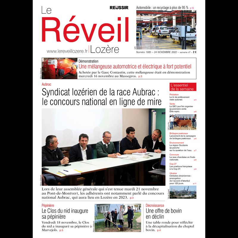 À la une du Réveil Lozère du 24 novembre 2022 :

📌 Syndicat lozérien de la race Aubrac : le concours national en ligne de mire

📌 Une mélangeuse automotrice et électrique à fort potentiel

📌 Le Clos du nid inaugure sa nouvelle pépinière

#Lozère #agriculture