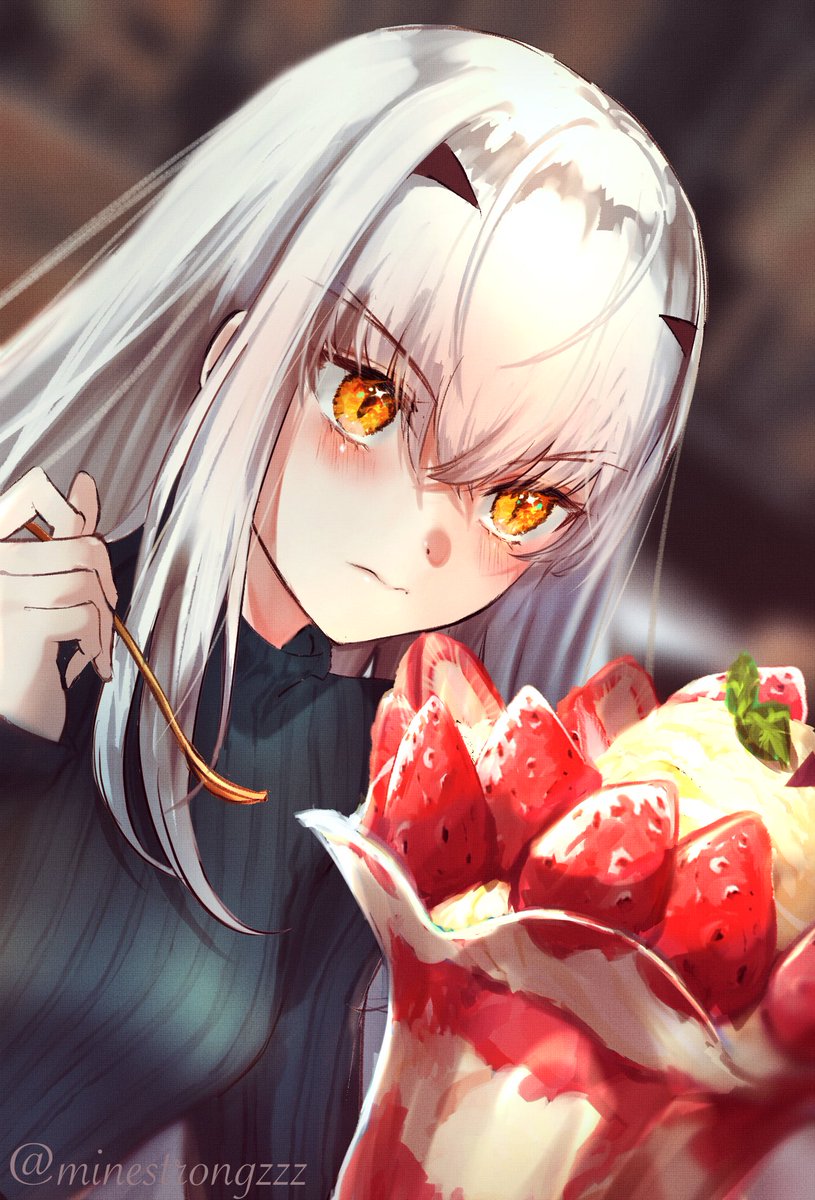 fairy knight lancelot (fate) 1girl white hair food forked eyebrows strawberry long hair fruit  illustration images