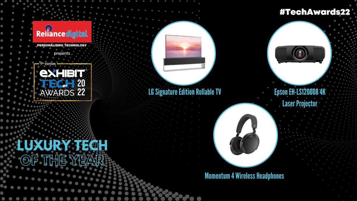 exhibitmagazine's tweet photo. #TechAwards22 presented by @RelianceDigital
Nominees of 'Luxury Tech Of The Year': @LGIndia @IndiaEpson @SennheiserIndia
Vote now: https://t.co/x84qjx4yOj
Watch your favorites win on the 12th of December at Leela Ambience, Gurugram. #TechAwards #AnExhibitProperty https://t.co/zORaTAT9yk