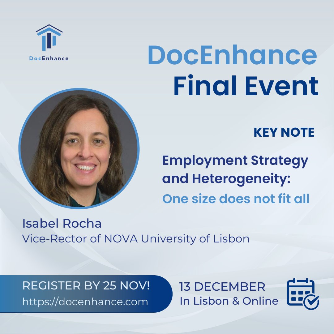 👋 Meet Isabel Rocha, Vice-Rector of <a href="/NOVAunl/">NOVA</a> who will be speaking at the <a href="/DocEnhance/">DocEnhance</a> Final Event about  #EmploymentStrategy next 🗓️13 December in beautiful 🇵🇹 Lisbon &amp; online💻 Register before 25 Nov. for in person-participation 👇bit.ly/3VOEDmw
🎓#DoctoralEducation