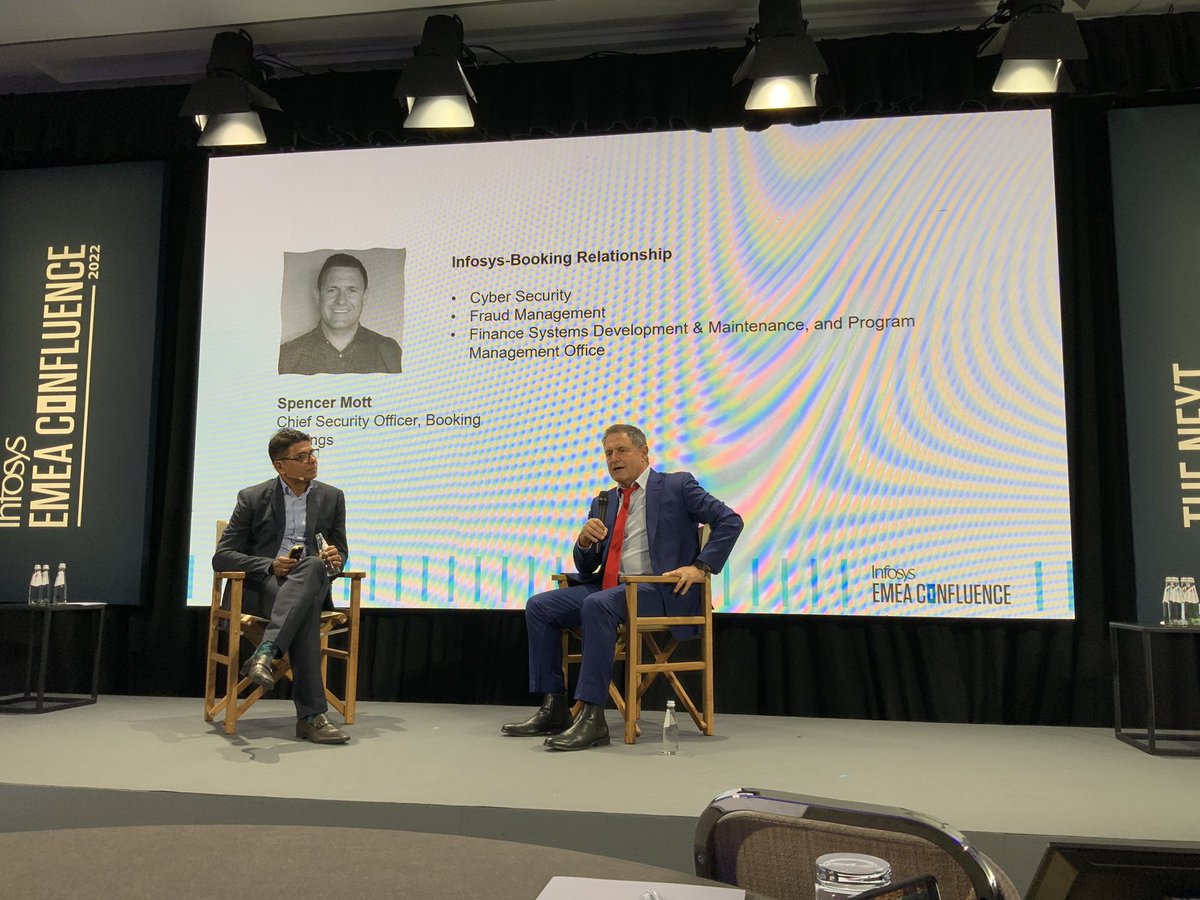 dhinchcliffe's tweet photo. Now @bookingcom’s @MottSpencer talks w/ @GopiKonnanath on taking “the time to reassess as a company, what our aspiration was + how we could take visions around making something we call the #connectedtrip into reality.”

Sought the right partner to achieve it.

#InfosysConfluence https://t.co/kMdDpN93yy