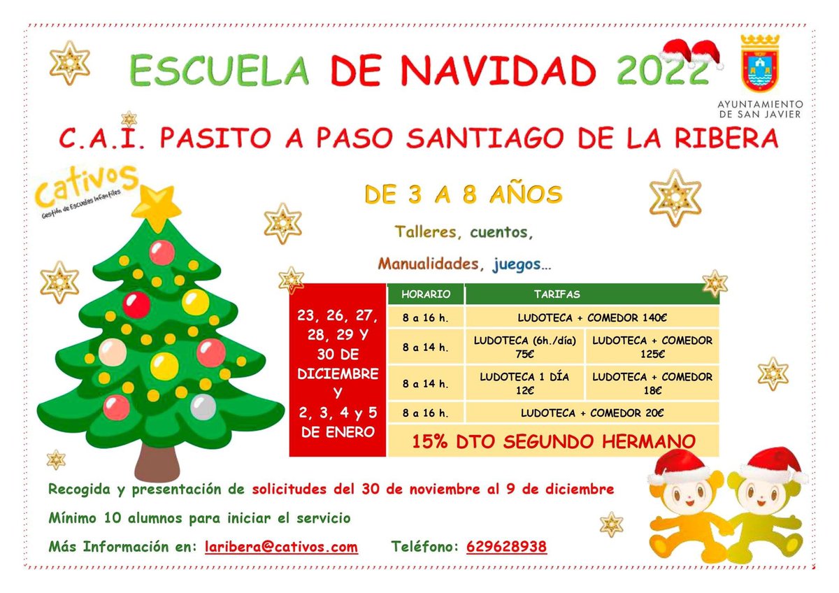 CativosEi's tweet photo. El CAI Pasito a Paso de Santiago de la Ribera organiza una ludoteca de Navidad 🎅🎄🌟

Aquí tienes toda la info 😊👇

#Cativos #escuelainfantil #navidad2022 #conciliación https://t.co/vv3OsaRuHC
