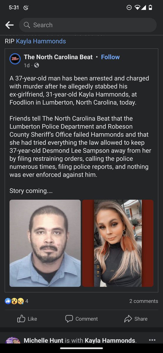 MsMaynor22's tweet photo. Kayla Hammonds was stabbed and killed in the Lumberton, NC Food Lion parking lot Tuesday. The suspect was taken into custody and charged with first-degree murder. 
https://t.co/i2bHHfAixn @wpdeabc15 @ABC11_WTVD @The_Robesonian @TonyaWPDE @KweilynM
 #KaylaHammonds
 #Robesoncounty https://t.co/kYkqUjWKMW